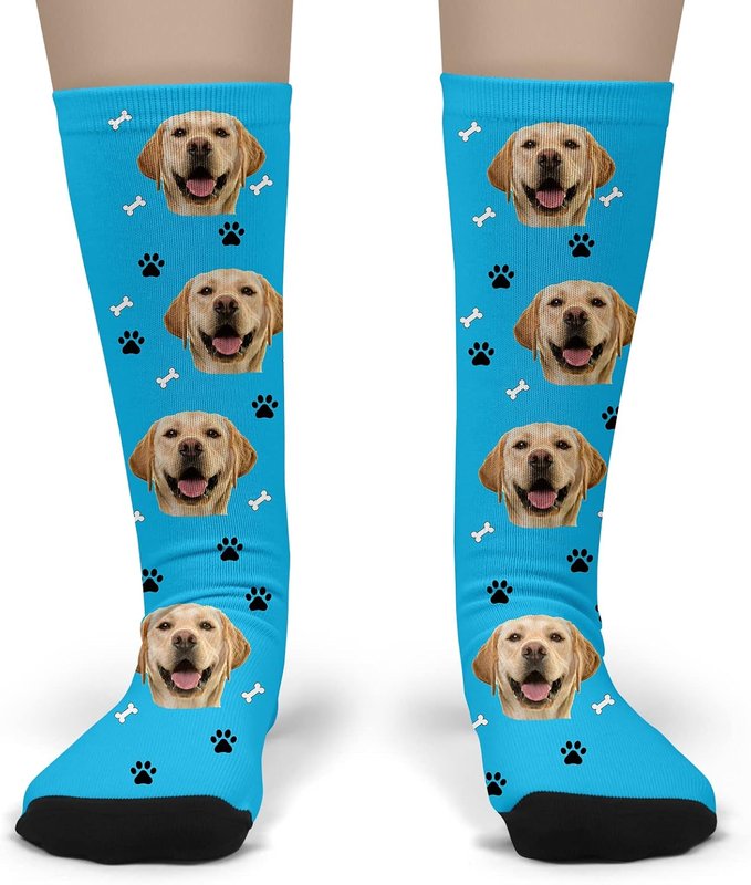 Put Your Dog, Cat, Child, Mom, Dad, Friend on Your Socks - Custom Adult Socks - Printed in Canada - Christmas, Birthday Gift Dog Light Blue