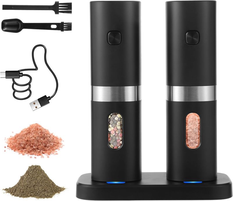 Syaws Electric Salt and Pepper Grinder Set,Rechargeable Pepper Grinder-No Battery Needed-Automatic Salt Grinder with Charging Base,Adjustable Coarseness,Blue LED Light,2 Pack