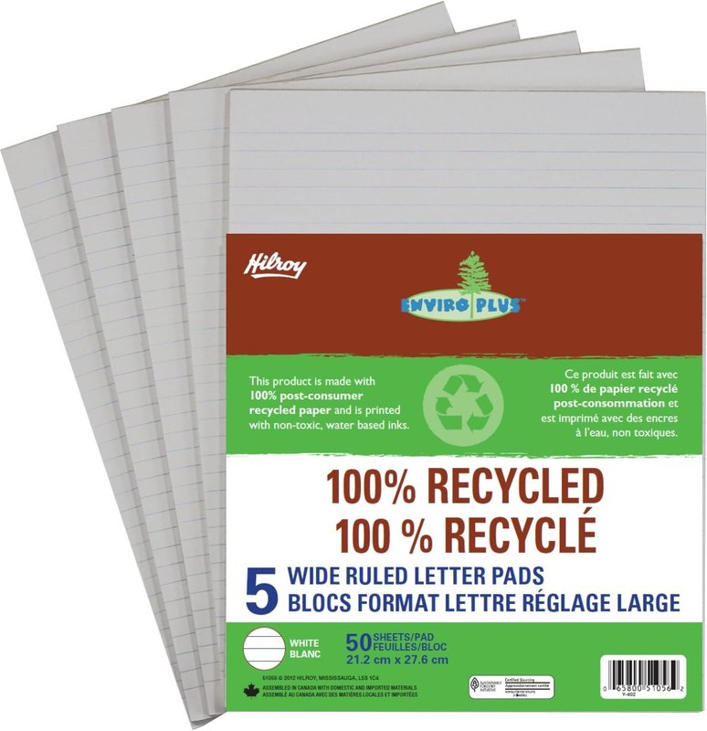 Hilroy 51056 Enviro-Plus Recycled Writing Pads, 8 mm Wide Ruled, 8-3/8x10-7/8-Inch, 50-Sheets, 5/Pack, White