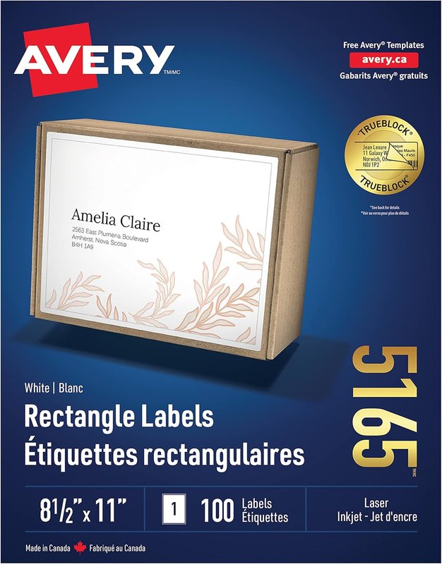 Avery Shipping Labels with TrueBlock Technology for Laser/Inkjet Printers, 11" x 8.5", White, Rectangle, 100 Labels, Permanent (5165) Made in Canada 8.5" X 11" 100 Labels