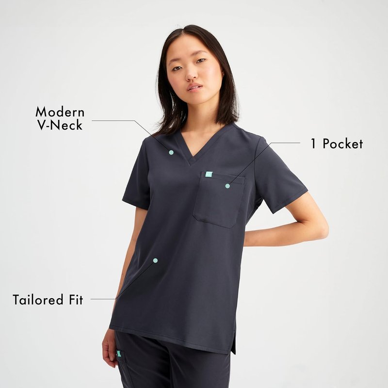 Garde-Malade Womens Scrub Top | V-Neck, Chest Pocket | Made in Canada | SILVADUR™ Odor Prevention Fabric | 4-Way Stretch | Petite & Plus Sizing | Nursing Scrubs | Medical Scrubs | Gabrielle GREY, M