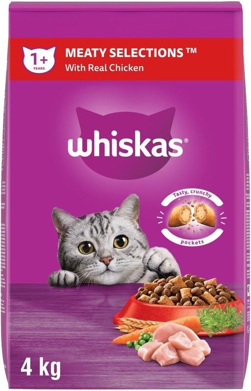 WHISKAS Meaty Selections Dry Cat Food With Real Chicken, 4kg bag