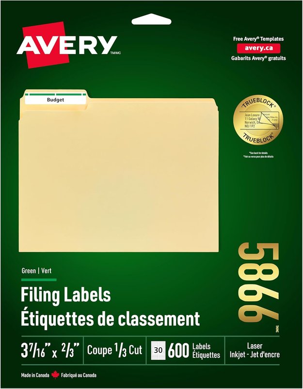 Avery Filing Labels with TrueBlock Technology for Laser/Inkjet Printers, 2/3" x 3-7/16", Green, File Tabs Labels, Folder Labels, Rectangle, 600 Labels, Permanent (5866) Made in Canada