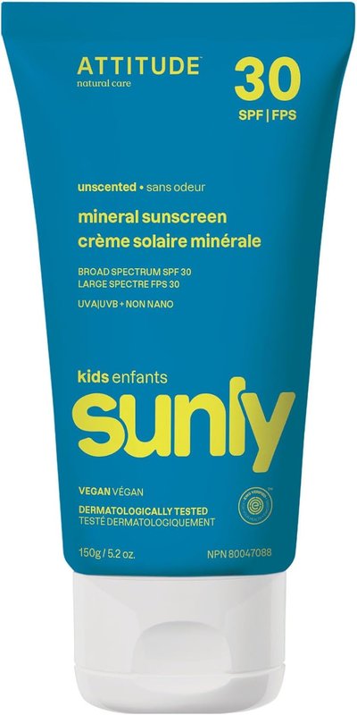 ATTITUDE Mineral Sunscreen for Kids, SPF 30, Made in Canada, EWG Verified,Broad Spectrum UVA/UVB Protection with Zinc Oxide, Dermatologically Tested, Vegan, Unscented, 150 grams 150 g (Pack of 1)
