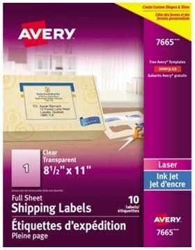 AVERY Clear Full-Sheet Shipping Labels for Laser and Inkjet Printers, 8.5" x 11", Glossy Clear, Rectangle, 10 Labels, Permanent (7665) Made in Canada