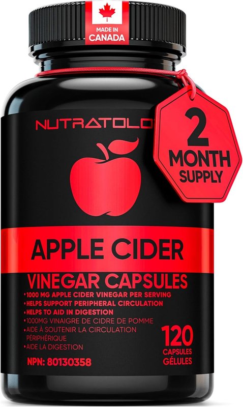 Nutratology Apple Cider Vinegar Capsules | Canadian-Made | 1000MG Apple Cider Vinegar & 40MG Cayenne Pepper Per 2 Cap Serving (500MG ACV Per Cap)Formulated For Improved Digestive Health - 120 Capsules 120 count (Pack of 1)