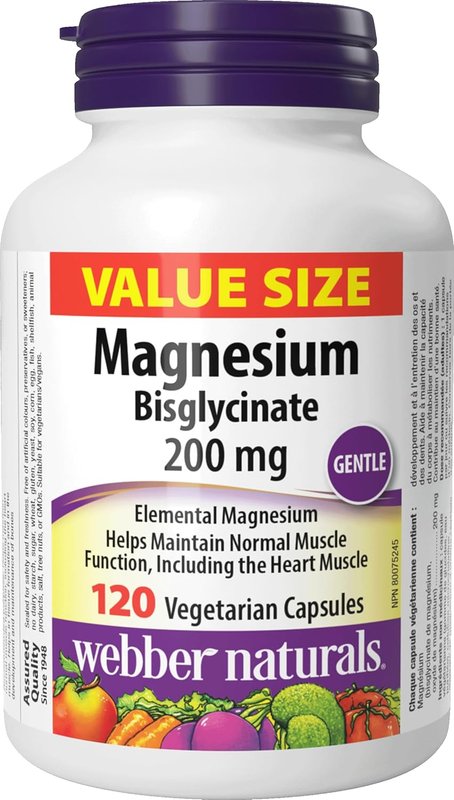 Webber Naturals Magnesium Bisglycinate 200 mg, 120 Capsules, Supports Bone and Muscle Functions, Vegan 120 count (Pack of 1)