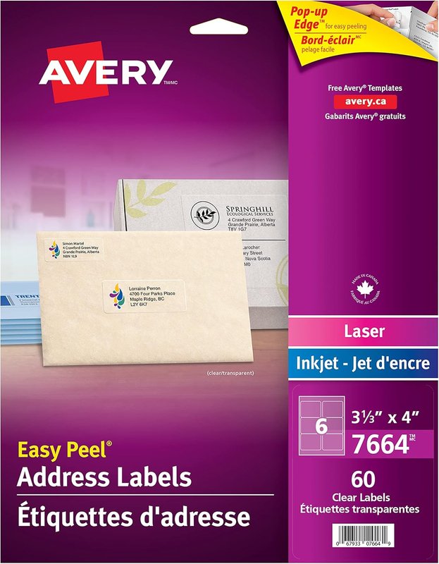 Avery Clear 3-1/3" x 4" Shipping Labels with Easy Peel for Laser/Inkjet Printers, 3-1/3" x 4", Glossy Clear, Rectangle, 60 Labels, Permanent (7664) Made in Canada