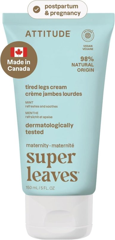 ATTITUDE Pregnancy Tired Legs Cream, Made in Canada, EWG Verified, Dermatologically Tested, Plant and Mineral-Based, Vegan Maternity Products, Soothing and Refreshing Mint, 150 mL