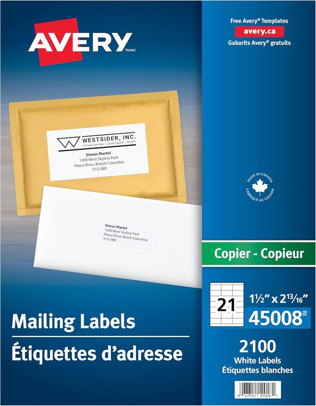 AVERY Address Mailing Labels for Copiers, 2-13/16" x 1-1/2", White, Rectangle, 2100 Labels, Permanent (45008) Made in Canada