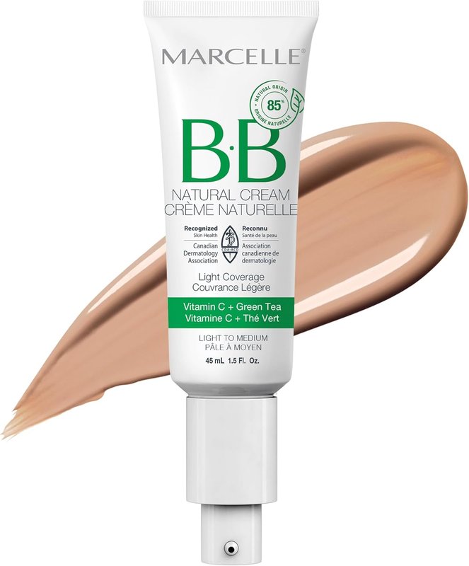 Marcelle BB Natural Cream, Light Medium, Light Coverage, with Hydrating Vitamin C and Green Tea Extract, Hypoallergenic, Fragrance-Free, Cruelty-Free, Paraben-Free, Non-Comedogenic, Oil-Free, Vegan, 45 mL Light to Medium