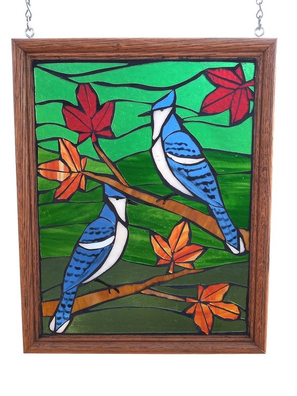 Blue jays in Maple Tree Stained Glass Mosaic Panel