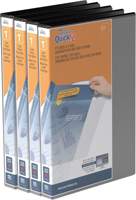 QuickFit 4-Pack Heavy-Duty 8 1/2" x 14" Portrait Legal Binder, 3-Ring Binder, D Ring, Made in Canada, 1 Inches Black 1 Inch 4 Pack
