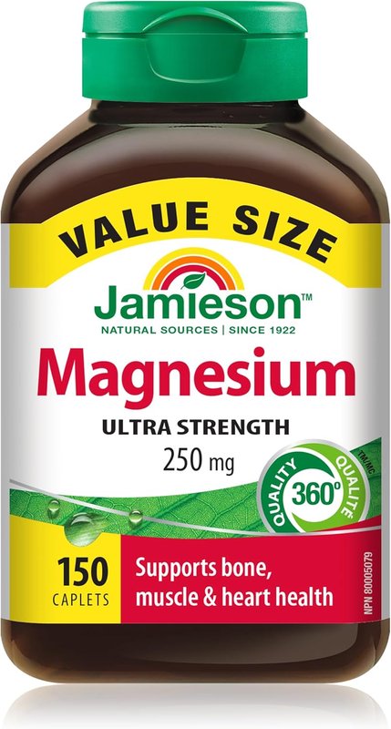 Jamieson Ultra Strength Magnesium 250 mg, Electrolytes, Supports Overall Health, Bone Health, and Muscle Function. Non-GMO, Gluten-Free, 150 Caplets, Proudly Canadian 150 count (Pack of 1)