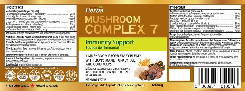 Herba Mushroom Complex with Lions Mane Supplement – 7 Mushroom Blend with Reishi, Chaga, Cordyceps, Turkey Tail, Maitake, Shiitake, and Lion’s Mane | Immune Support Supplement | 120 Vegetable Capsules | Made in Canada