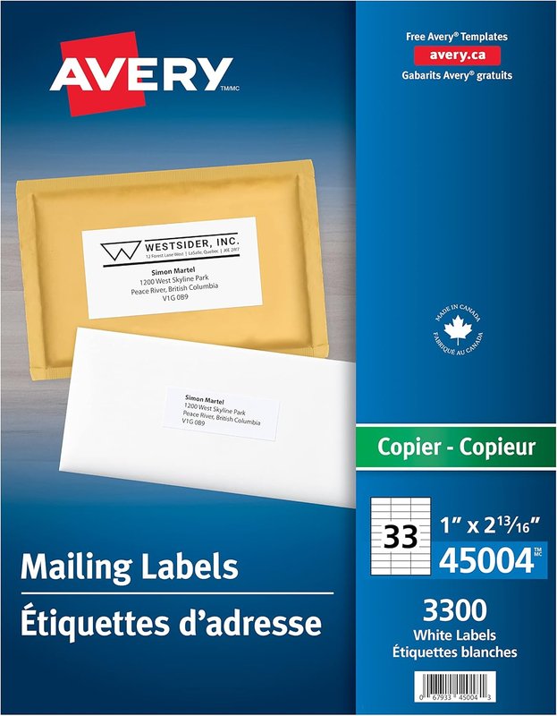 AVERY Address Labels for Copiers, 2-13/16" x 1", White, Rectangle, 3300 Labels, Permanent (45004) Made in Canada