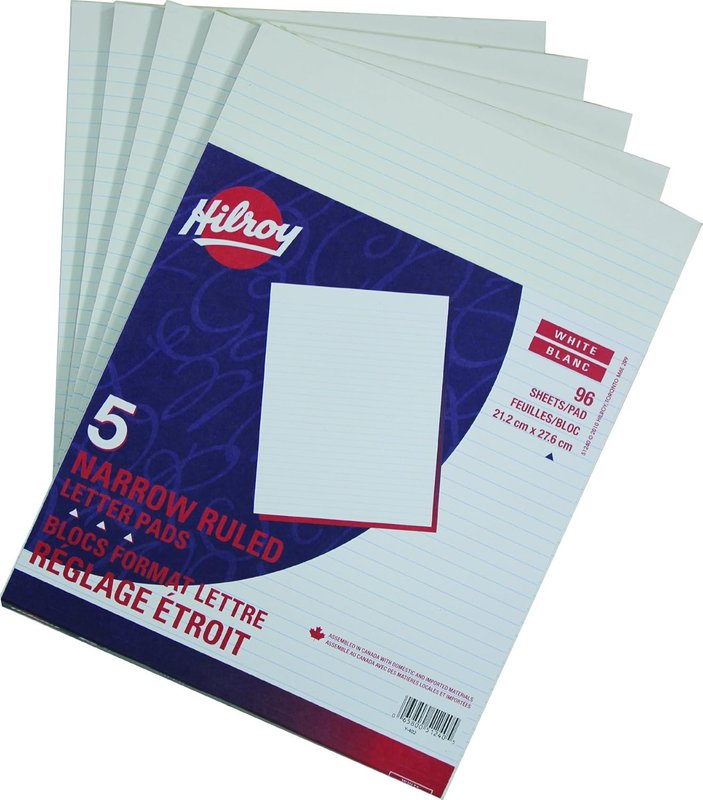Hilroy Letter Pads, 8-3/8" x 10-7/8", Narrow Ruled, 192 Pages/96 Sheets Per Pad, 5-Pack, White (51240)