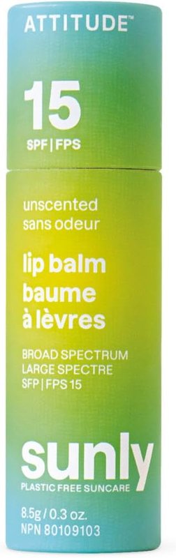 ATTITUDE Tinted Lip Balm with SPF 15, Made in Canada, EWG Verified,Plastic-Free, Broad Spectrum UVA/UVB Protection with Zinc Oxide, Vegan, Unscented, 8.5 grams