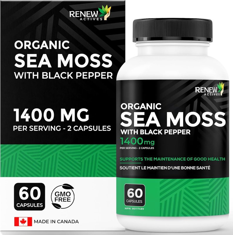 RENEW ACTIVES Sea Moss – Triple-Action Antioxidant Blend with BioPerine – Organic Irish Sea Moss 500MG, Bladderwrack 500MG & Burdock Root 400MG per 2 Capsules – Made in Canada - 60 Capsules 60 count (Pack of 1)