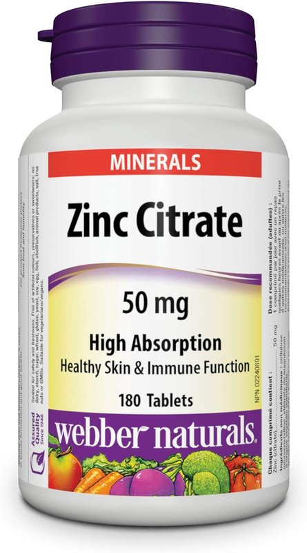 Webber Naturals Zinc Citrate 50 mg, 180 Tablets, For Healthy Skin and Immune Support, Vegan