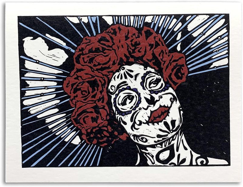Sapphorica Creations Carmelita Linocut Art Card with Red Rose Sticker, Celebration Greeting Card