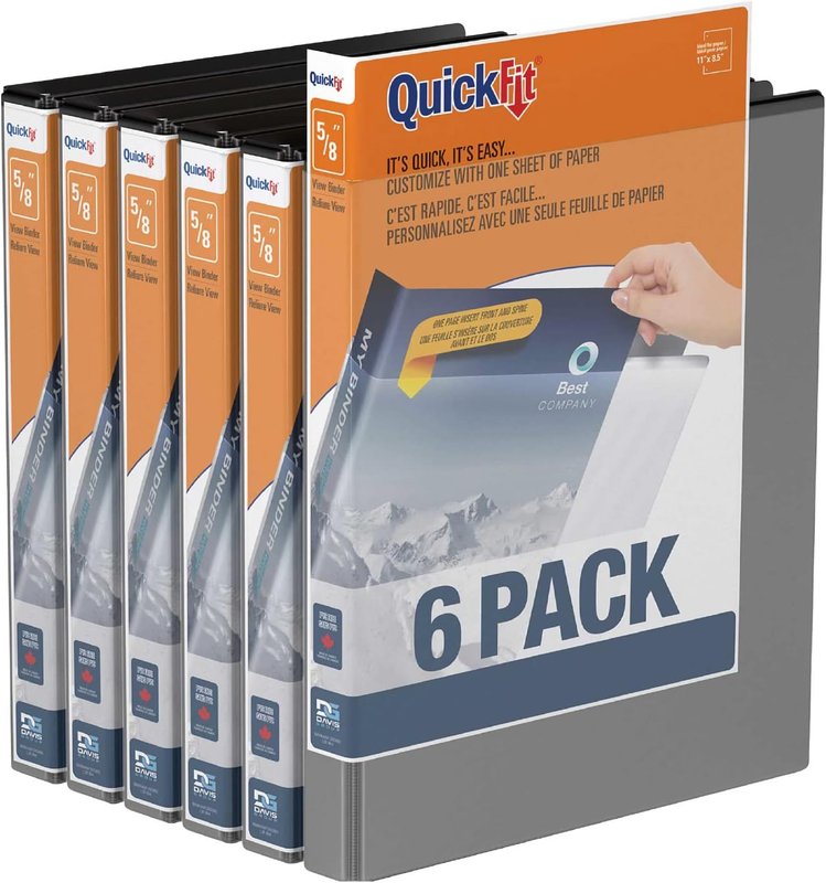 QuickFit View Binder, 3-Ring Binder for School or Office, Round Ring, Black, 6 Pack, 5/8 Inch