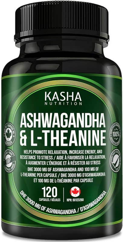 KASHA Nutrition Ashwagandha QCE 3000 mg and L-theanine 100 mg Per Capsule | High Potency 10:1 Extract, Expert Formulated | Proudly Canadian | No Additives (120 Count) 120 count (Pack of 1)