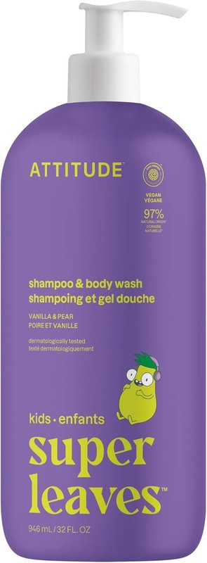 ATTITUDE Shampoo and Body Wash for Kids, Made in Canada, EWG Verified Hair and Body Cleanser, Dermatologically Tested Soap, Plant and Mineral Based Bath Products, Vegan, Vanilla & Pear, 946 mL Vanilla & Pear 946 ml (Pack of 1)