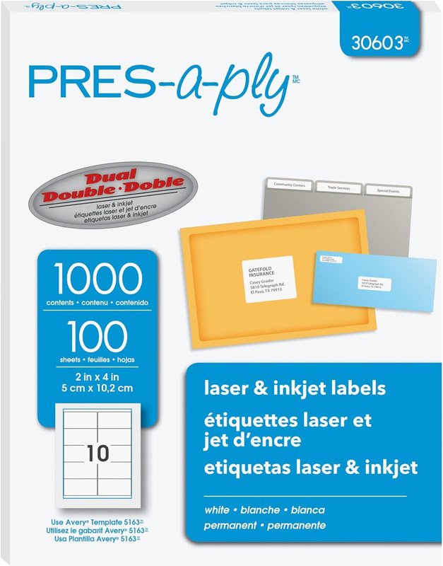 Pres-a-Ply Shipping Labels, 2" X 4" Inch White Labels, for Laser & Inkjet Printers, 1000 Labels (30603) Made in Canada