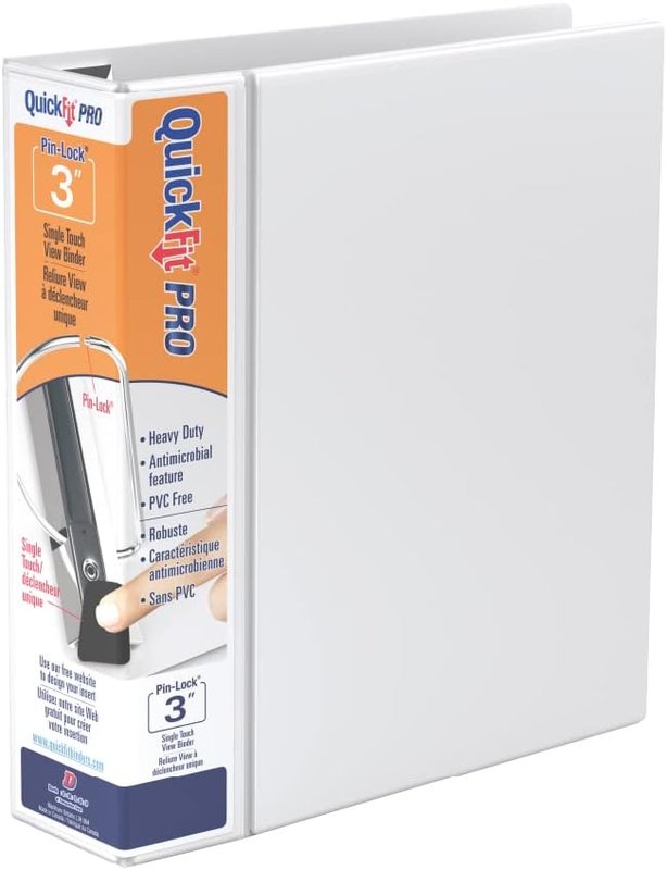 QuickFit PRO Heavy Duty Single Touch View Binder, 3", Locking D Ring, White (90050)