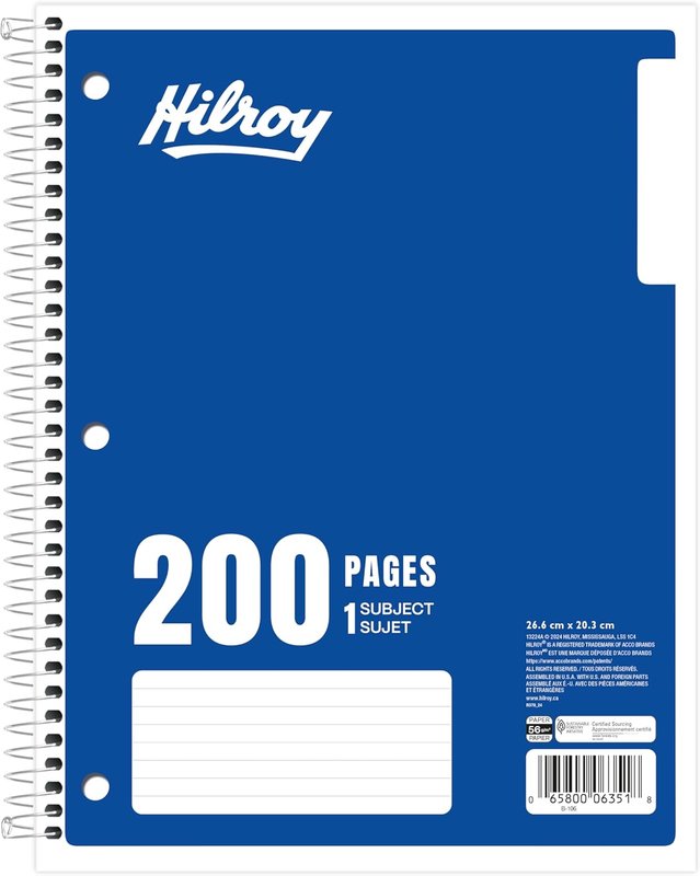 Hilroy 1-Subject Coil Notebook, 10 1/2" x 8" Sheet Size, Wide Ruled, 200 Pages/100 Sheets, 3-Hole Punched, Blue, Box of 10 (13224A) Blue 10-Pack