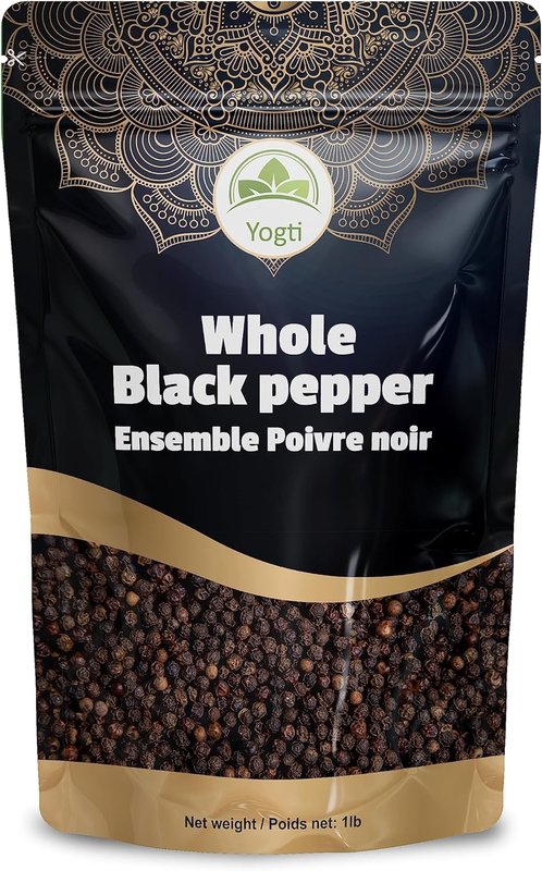 Yogti [Canadian Brand] Black Pepper Whole Black Peppercorn 1 LB; Culinary essential; Pure and Natural Spice, Perfect for Grinder refill, 1 Pound