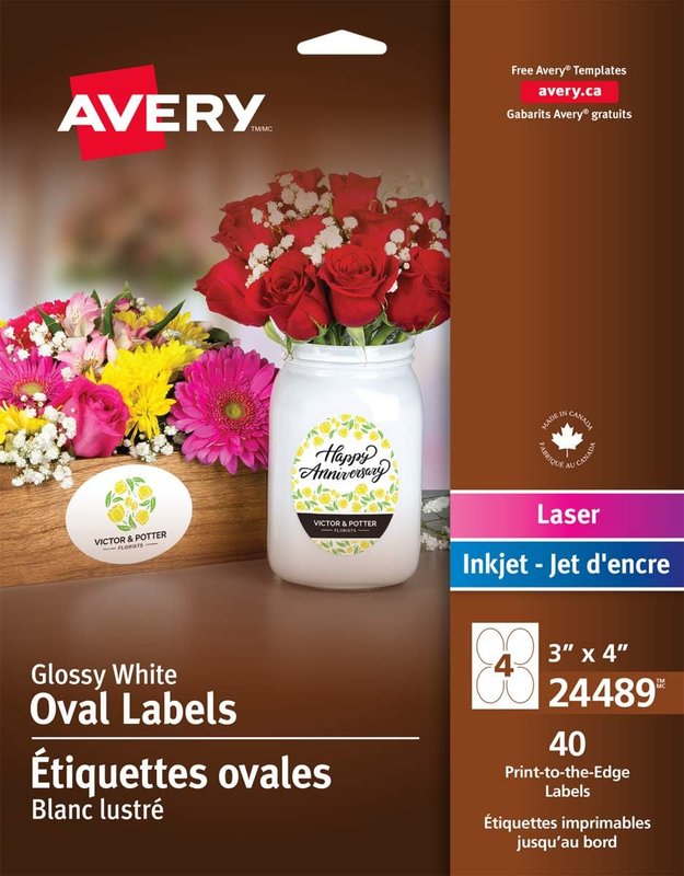 AVERY Oval Labels for Inkjet Printers, 3" x 4", Glossy White, Oval, Print-to-The-Edge, 40 Labels, Permanent (24489) Made in Canada