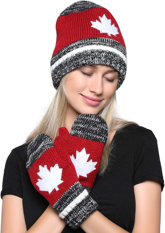 Belle Dame Maple Leaf Canadian Themed Winter Beanie Hat Mittens Gloves Set Warm Knit with Fleece Lined
