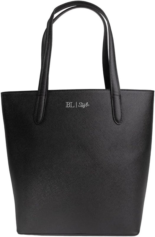 BL Style Louise Large Tote - Elegant Vegan Leather, Spacious & Stylish, Zippered, 6" Handle, Cruelty-Free - Black, Greige