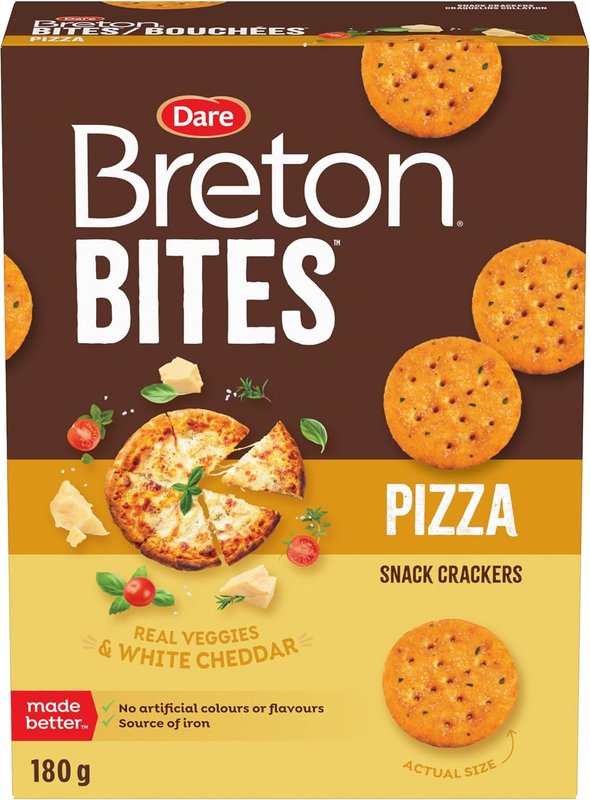 Breton Pizza Bites Crackers - Light, Crispy, and Cheesy Bite-sized Snack Crackers made with Real Veggies and Cheese, For School, Lunch Box, and More, Peanut Free, 180g Pizza 180 g (Pack of 1)