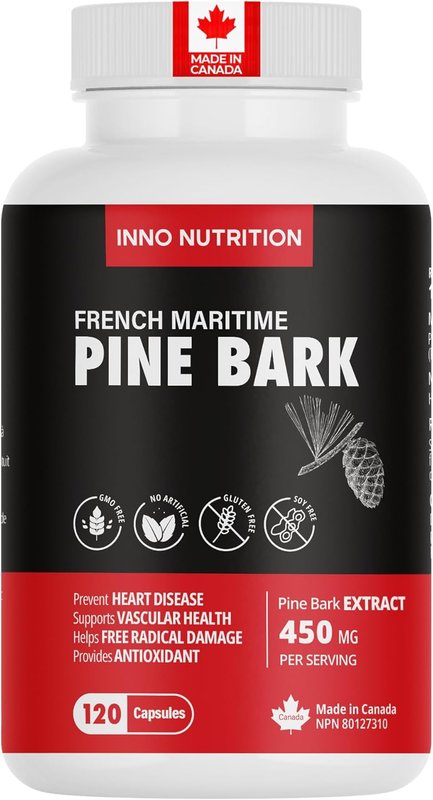 Inno Nutrition French Maritime Pine Bark Extract Strength 450 mg 120 Capsules 4 Month Supply Antioxidant Properties Cardiovascular Health Non-GMO No Sugar Allergen Free Made In Canada (pack of 1) 120 count (Pack of 1)