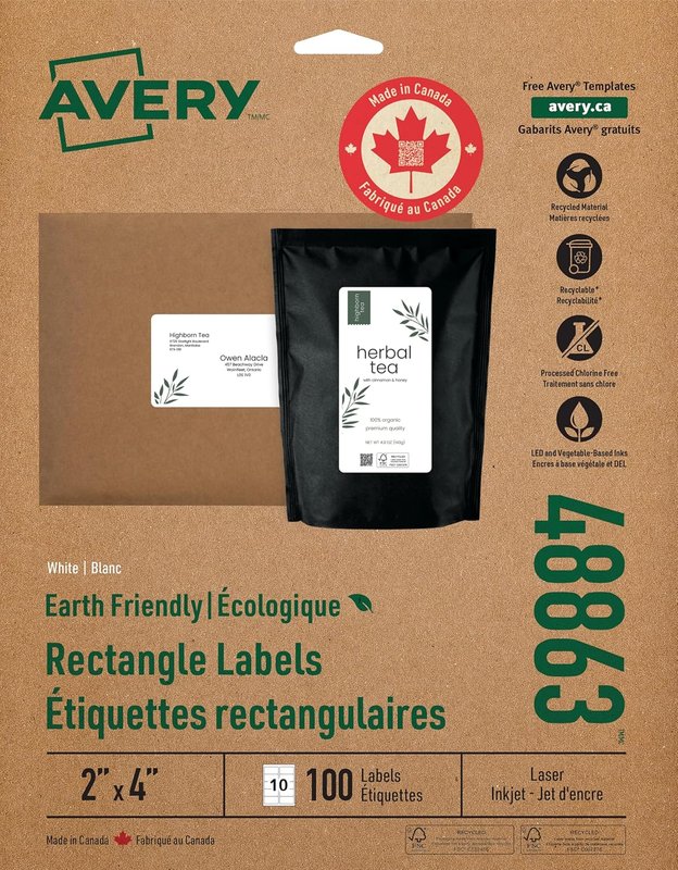 Avery White Eco-Friendly Shipping Labels, 2" x 4", White, Rectangle, 100 Labels, Permanent (48863) Made in Canada