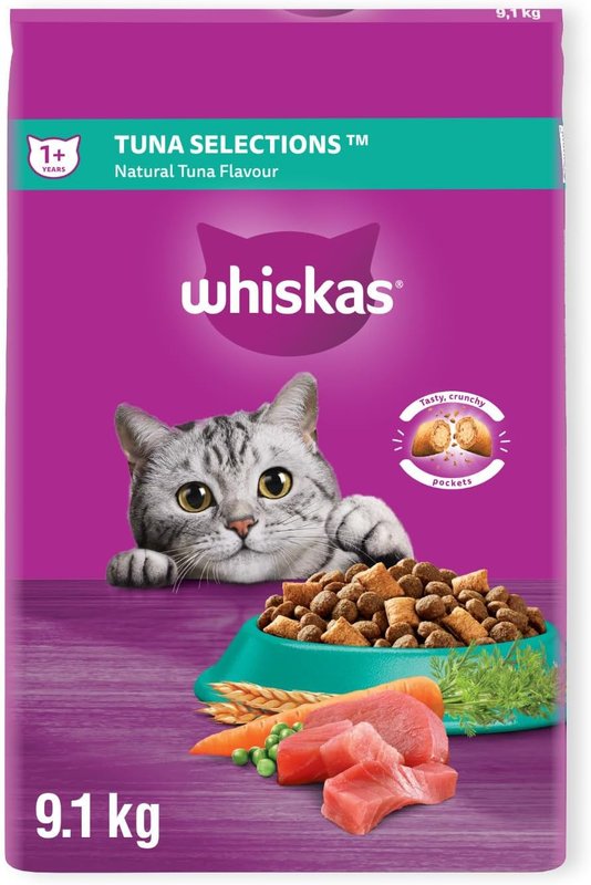 WHISKAS Adult Dry Cat Food - Tuna Selections Flavour, 9.1 kg Bag