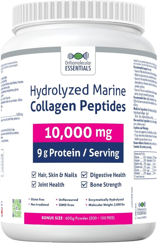 Orthomolecular Essentials Hydrolyzed Marine Collagen Peptides - Pure Canadian-Made 10,000mg Powder for Radiant Skin, Strong Bones, and Joint Support, 600g