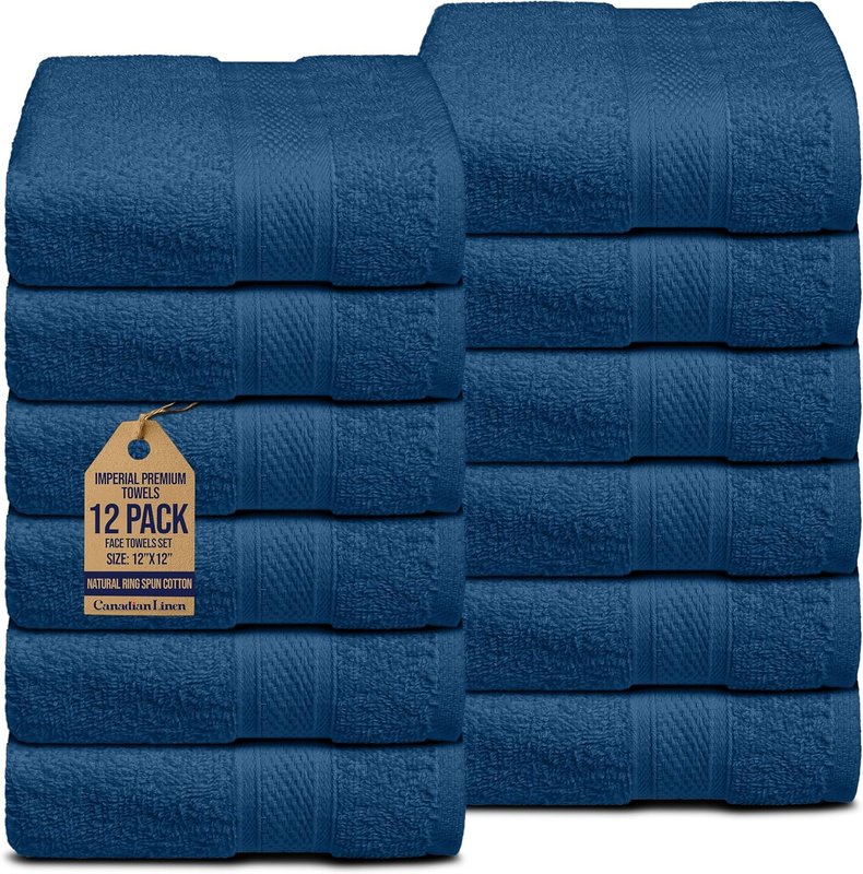 Canadian Linen Imperial Premium Washcloths, 12 Pack, 12”x12”, Soft Absorbent Cotton Face Towels Set, Lightweight Quick Dry Wash Cloth for Home Bathroom Hotel Hair Salon Spa Kitchen Gym Pool, Navy Blue 12"x12" Washcloths Navy Blue / Deep Blue