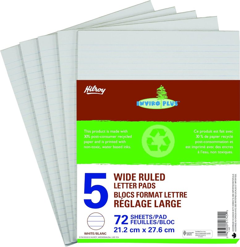 Hilroy Enviro-Plus Letter Pads, Wide Rule, 8-3/8 X 10-7/8 Inches, 72 Sheets, Pack of 5 (51745)