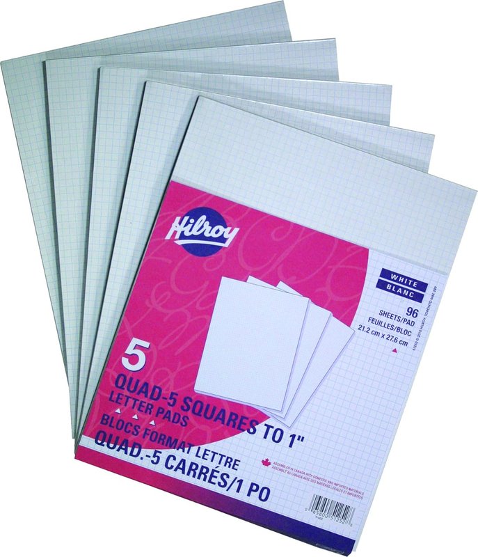 Hilroy 51252 Quad Ruled Project Pads, 8-3/8x10-7/8-Inch, 96-Sheets, White, 5 Pack