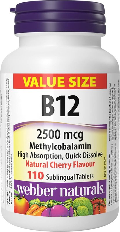 Webber Naturals Vitamin B12 2500 mcg, Quick Dissolve, 110 Tablets, Natural Cherry Flavour, Supports Energy Production and Metabolism 110 count (Pack of 1)