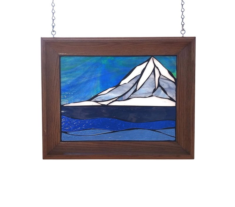 Snow Capped Mountain Landscape with Lake Stained Glass Mosaic Panel