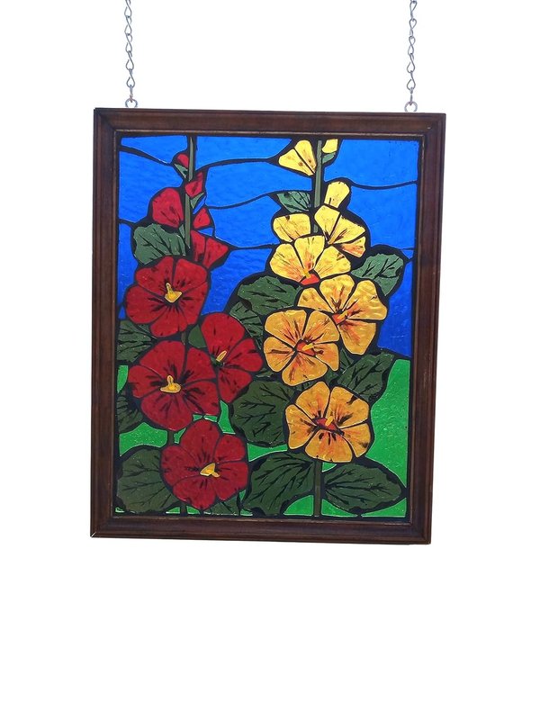 Hollyhock Flowers Stained Glass Mosaic Panel