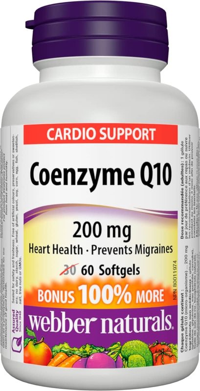 Webber Naturals Coenzyme Q10 (CoQ10) 200mg, High Potency Antioxidant, Non-GMO, Gluten Free, 60 softgels, for Heart Health and Cellular Energy Production