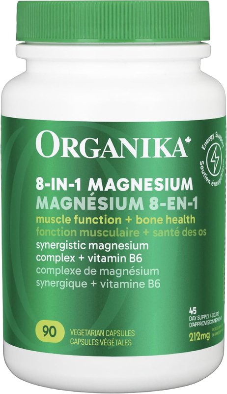 Organika Canadian-Made 8-In-1 Magnesium - 212mg Synergystic Magnesium Complex with Vitamin B6 to Support Muscle Function, Bone Health, Energy, and Cardiovascular Health | 90vcaps, 45 Servings