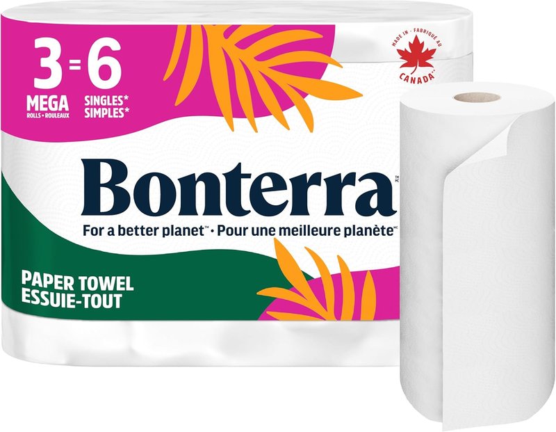 Bonterra Responsibly Sourced Paper Towel, Strong, Absorbent, and Plastic-Free, 3 Mega Rolls = 6 Single Rolls