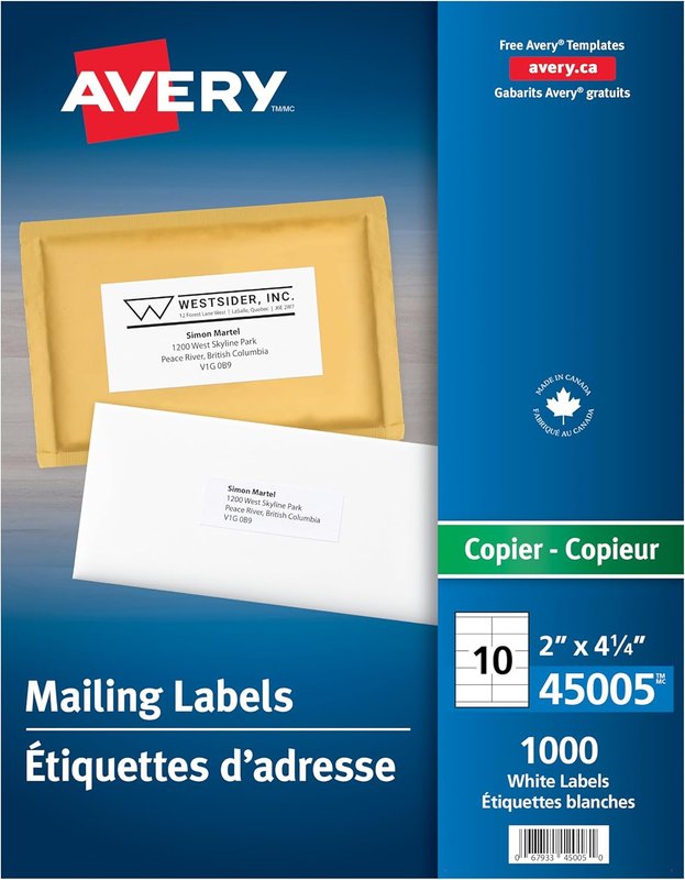 Avery Address Labels for Copiers, 4-1/4" x 2", White, Rectangle, 1000 Labels, Permanent (45005) Made in Canada